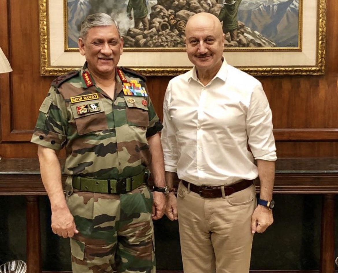 ‘Indian Army’ when we utter these two words our heads bow down with respect and gratitude to their sacriﬁce and nobility. Here we see Anupam Kher with General Bipin Ravat.